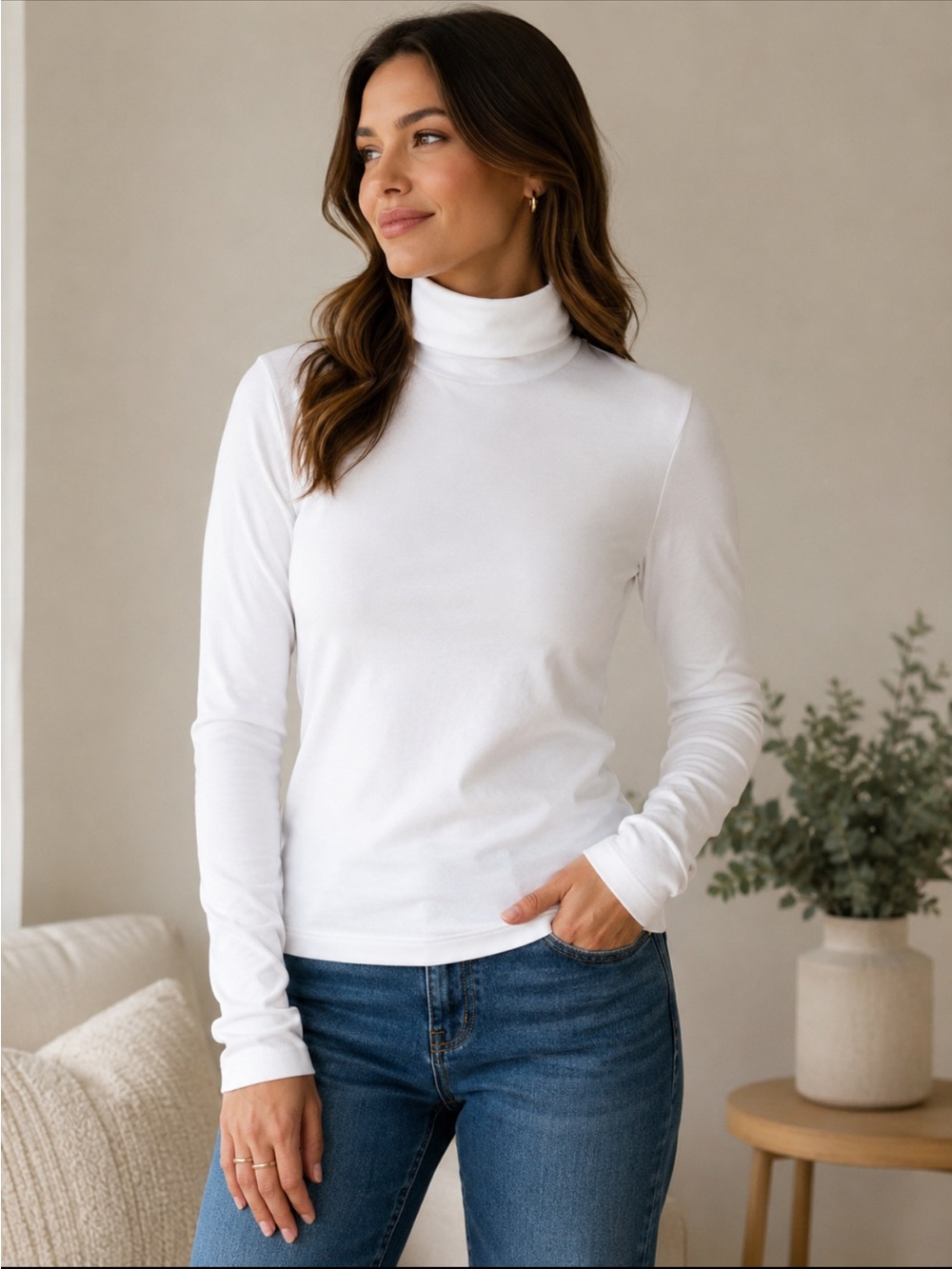 Hastings & Smith White Turtleneck Top NWT Size L Soft Cotton Blend Long Sleeve